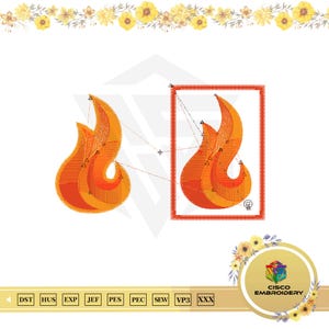 Könnte beinhalten: Zwei detaillierte, orange und rote Flammen-Designs, eines freistehend und eines in einem roten Rahmen. Das Bild zeigt ein Stickmuster und den Text "CISCO EMBROIDERY". Geeignet für Stickprojekte.