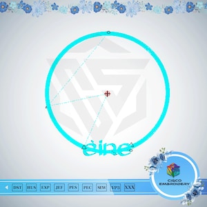 Puede incluir: Un diseño digital con un círculo turquesa y un patrón geométrico. La palabra "eine" está escrita en guión turquesa debajo del círculo. La imagen incluye el texto "Cisco Embroidery" y abreviaturas de formatos de archivo.