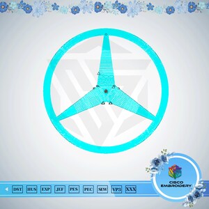 May include: A turquoise emblem with three points inside a circle. The emblem is set against a light gray background with a floral border at the top. The text "CISCO EMBROIDERY" is in a blue circle at the bottom right.