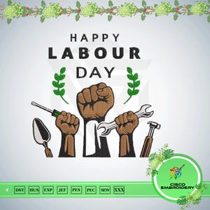 Happy Labour Day Embroidery Design | Worker Tools Machine Embroidery File | Instant Download