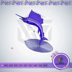 May include: A digital embroidery design featuring a blue sailfish leaping from the water. The design includes detailed stitching and is set against a light gray background. The image also includes the text "CISCO EMBROIDERY".