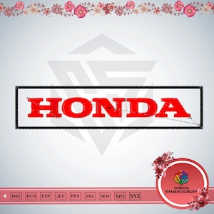 May include: A red "HONDA" logo within a black rectangular frame. The logo is set against a light grey backdrop, with a floral border at the top and a Cisco Embroidery logo at the bottom right.