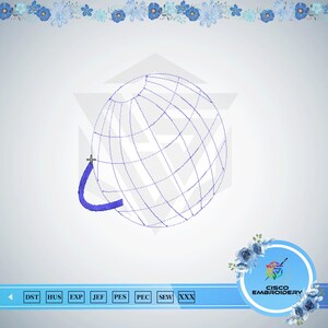 Puede incluir: Un archivo de diseño de bordado digital que muestra un globo terráqueo de estructura de alambre azul con un asa curva en el lateral. La imagen incluye un icono de cursor y una barra inferior con los formatos DST, HUS, EXP, JEF, PES, PEC, SEW y XXX.