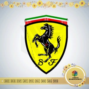 May include: A yellow shield emblem featuring a black prancing horse, red and green stripes, and the letters "SF". The image also includes the text "CISCO EMBROIDERY" and embroidery file formats.