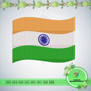 Könnte beinhalten: Ein Stickmuster der indischen Flagge mit horizontalen Streifen in Safran, Weiß und Grün sowie einem zentralen marineblauen Ashoka-Chakra-Rad. Das Design hat eine wellenförmige Optik und enthält eine untere Leiste mit Dateiformaten.