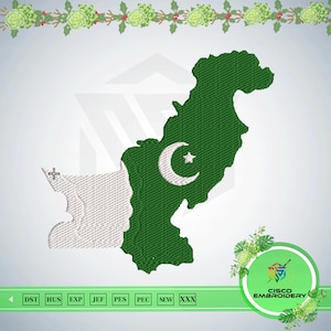 Könnte beinhalten: Ein Stickmuster, das die Landkarte von Pakistan zeigt, ausgeführt in grünem und weißem Garn mit einem Halbmond und einem Stern. Das Design enthält einen digitalen Fadenkreuz-Cursor und eine untere Leiste mit Dateiformaten: DST, HUS, EXP, JEF, PES, PEC, SEW, XXX.