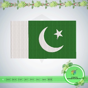 Könnte beinhalten: Ein gestickter Aufnäher mit der Flagge Pakistans, bestehend aus einem vertikalen weißen Streifen auf der linken Seite und einem grünen Feld auf der rechten Seite mit einem weißen Halbmond und einem fünfzackigen Stern. Sichtbare Stickstruktur.