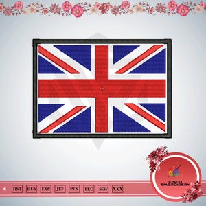Op de afbeelding: Geborduurde patch met de Union Jack, de vlag van het Verenigd Koninkrijk. Het ontwerp toont rode en witte diagonale strepen op een blauwe achtergrond, omlijst door een zwarte rand. Geschikt voor kleding of knutselprojecten.