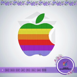 May include: An embroidery design of an apple shape featuring horizontal stripes in green, yellow, orange, red, purple, and blue. The design includes a green leaf at the top and text at the bottom reading DST, HUS, EXP, JEF, PES, PEC, SEW, XXX.