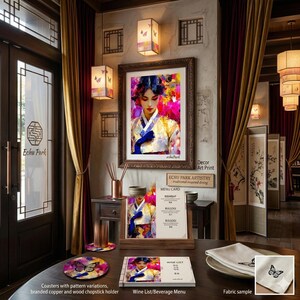 May include: An interior restaurant scene with a framed art print, menu, and fabric sample. The art print features a woman in traditional Korean attire. A menu card and wine list are on the table. Coasters and a chopstick holder are also visible.