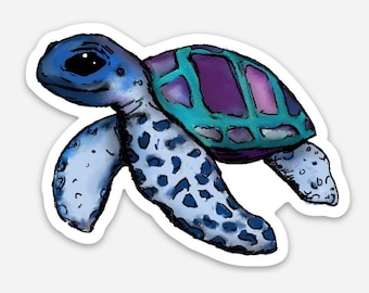 May include: A blue and purple sea turtle with a spotted shell. The turtle is swimming with its head and flippers extended.
