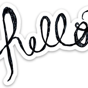 May include: A black and white handwritten word "hello" with a whimsical, cursive style.