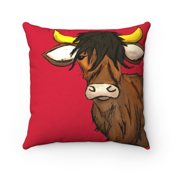 Hal - Saucy Bovine (Scottish Cow) Red Square Pillow Cover + Insert
