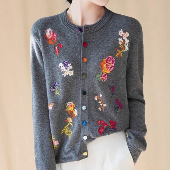 Embroidered Australian Wool Cardigan: Floral Design, Rainbow Buttons