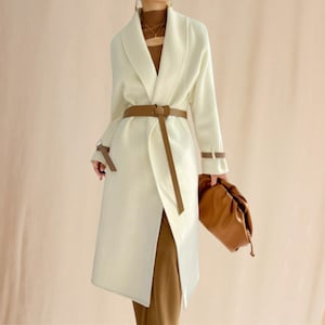 White Merino Wool Coat: Long Elegant Overcoat with Leather Belt