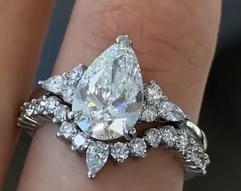 2 CT Pear Cut Moissanite Engagement Ring Set: 14K Gold Eternity Band - Etsy