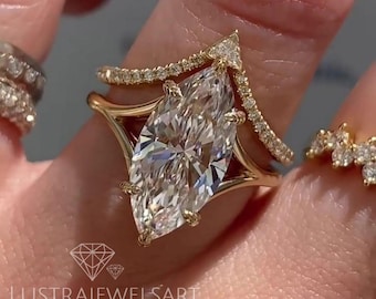 Vintage 4 CT Marquise Moissanite Engagement Ring Set - 14K Gold Wedding Band