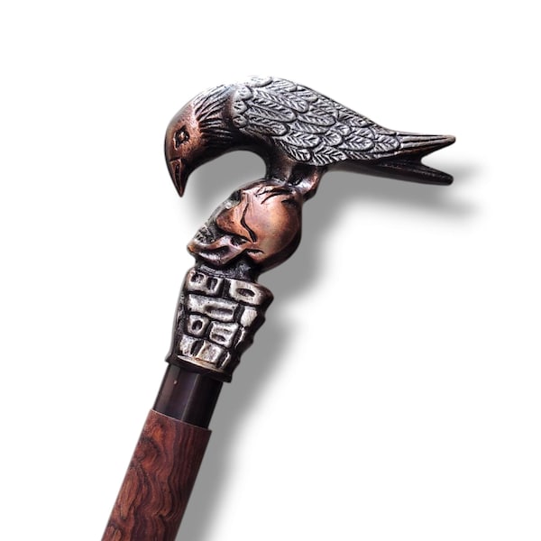 Gothic Raven Skull Cane Wooden Walking Stick – Steampunk Cosplay Cane