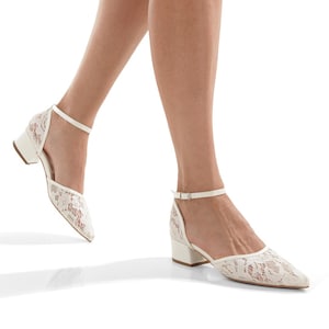 Pearl White Lace Low Heel Bridal Shoes – Elegant Ankle Strap Wedding Heels – Comfortable Pearl Lace Bridal Shoes