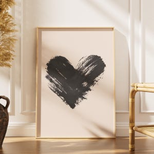 Abstract Brush Heart Print , Black Painted Shape,  Minimal Modern Wall Decor