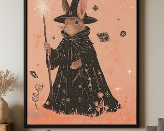 Halloween Bunny Wizard Wall Art Print, Cute Rabbit Witch Illustration, Fantasy Animal Digital Download, Whimsical Halloween Decor