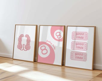 Set of 3 Pink Wall Prints – 8 Ball, Cheetah & Good Times Ticket Art, Fun Coquette Decor for Dorm, Apartment or Gallery Wall