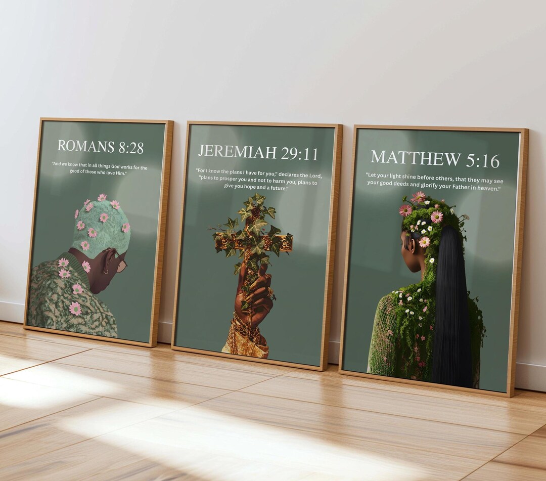 Set of 3 Black Christian Girl Wall Art, Scripture Print, Bible Verse ...