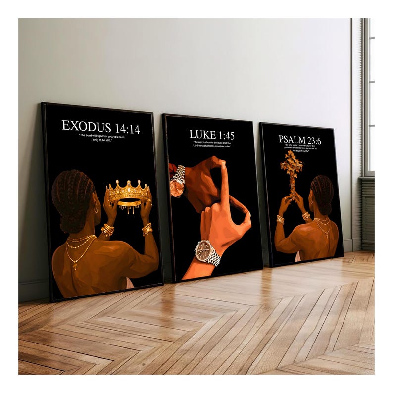 Set of 3 Black Christian Girl Wall Art, Scripture Print, Bible Verse ...