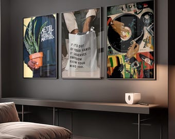 May include: Three framed art prints. The first features a person holding a potted plant with the text "MENTAL HEALTH MATTERS." The second shows a tote bag with the text "IF IT'S OUT OF YOUR HANDS, IT DESERVES FREEDOM FROM YOUR MIND TOO." The third depicts a record player.