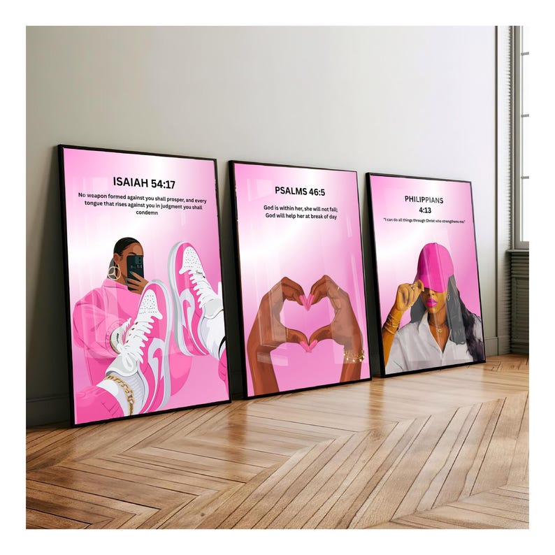 Set of 3 Black Christian Girl Wall Art, Scripture Print, Bible Verse ...