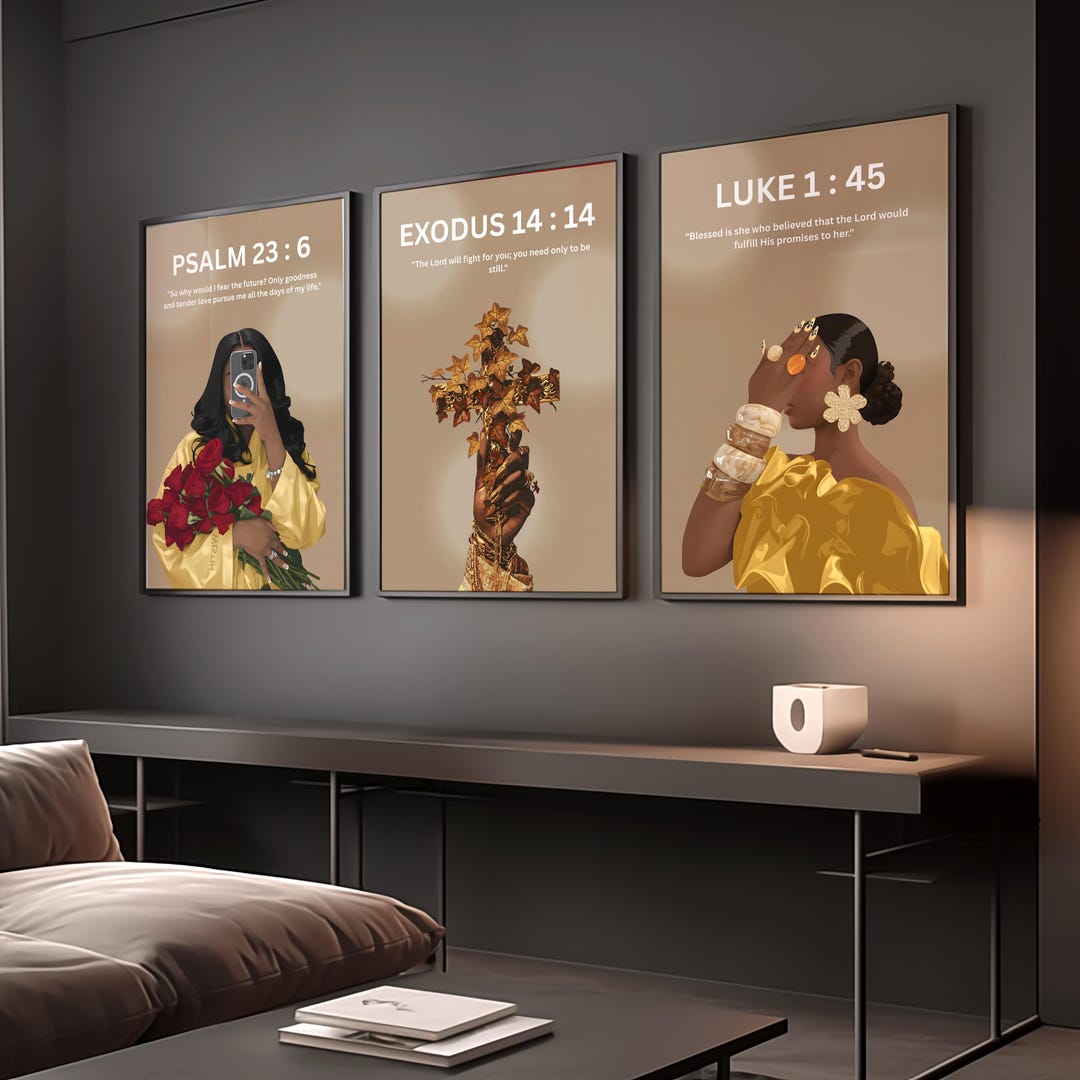 Set of 3 Black Christian Girl Wall Art, Scripture Print, Bible Verse ...