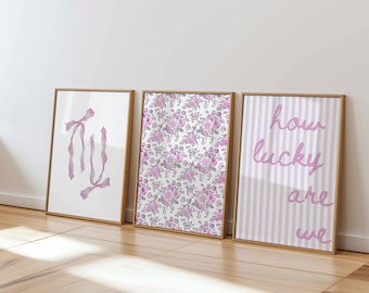 Pink Floral Wall Art Set of 3 – How Lucky Are We Quote, Pink Bow, and Flower Print – Coquette Aesthetic Digital Download for Dorm or Bedroom
