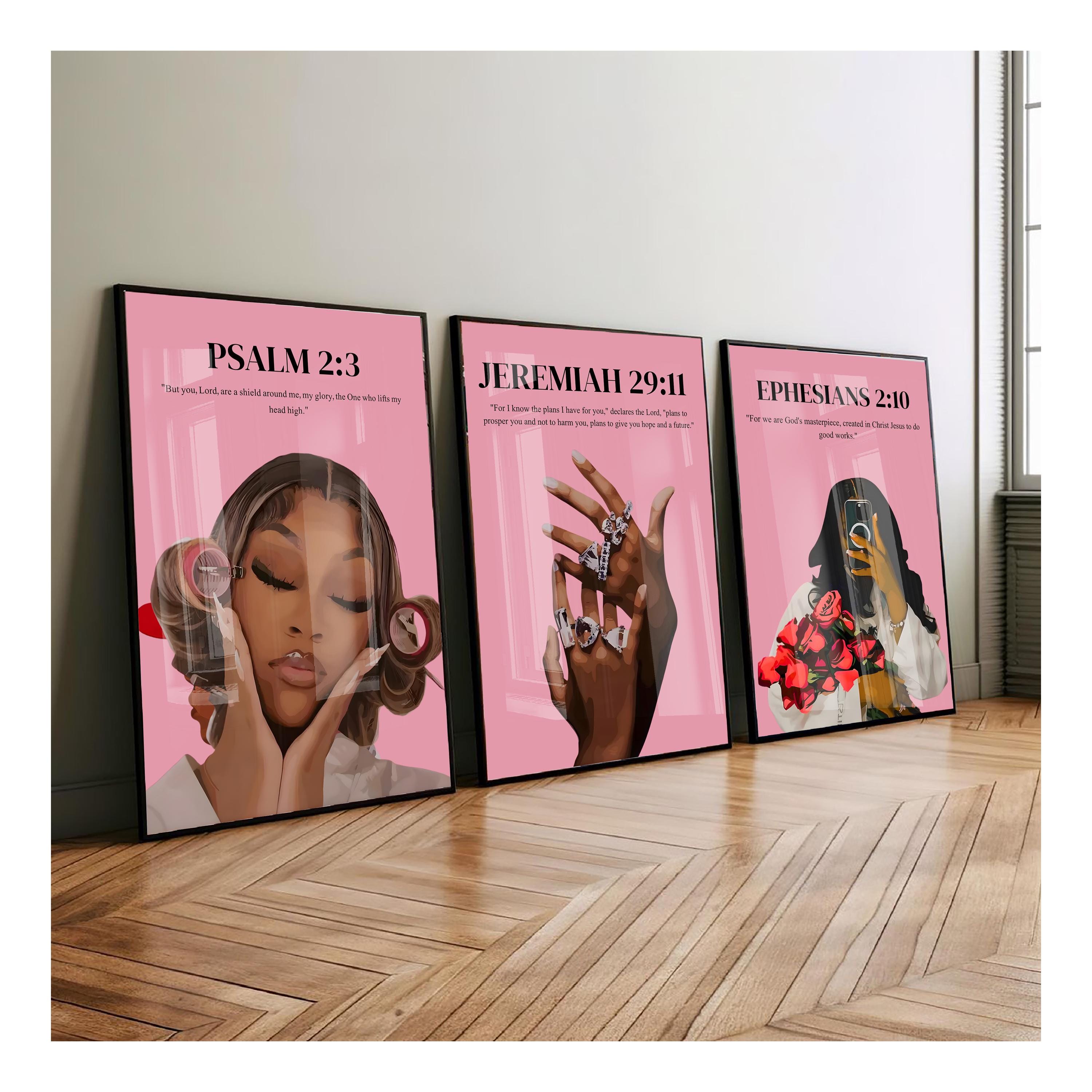 Set of 3 Black Christian Girl Wall Art, Scripture Print, Bible Verse ...