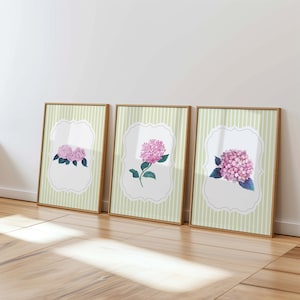 Green Striped & Pink Hydrangea Wall Art Set of 3 | Girly Floral Printable Prints | Dorm Room + nursery Decor | Botanical Gallery Wall Art