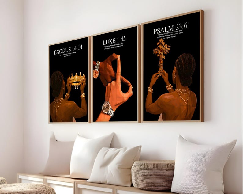 Set of 3 Black Christian Girl Wall Art, Scripture Print, Bible Verse ...
