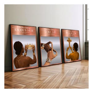 May include: Three framed art prints with metallic copper borders. Each print features a person holding a golden object, with text from the Bible. The prints are titled "Exodus 14:14", "Luke 1:45", and "Psalm 23:6".