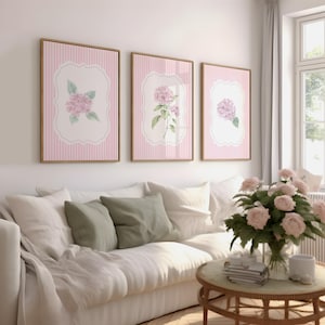 Pink Hydrangea Wall Art Set of 3, Striped Floral Printable Decor, Blush Flower Digital Download, Feminine Botanical Wall Prints, Bedroom Art