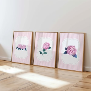 Pink Hydrangea Wall Art Set of 3, Striped Floral Printable Decor, Blush Flower Digital Download, Feminine Botanical Wall Prints, Bedroom Art
