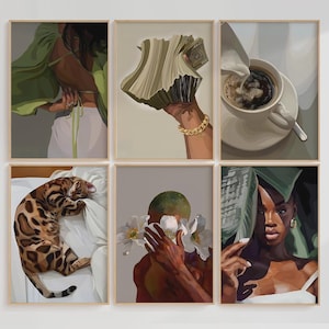 Set di 6 poster di donne nere, arte murale minimalista nera, arte di donne nere, arte murale di ragazze nere, stampa artistica nera, arte del denaro, mode