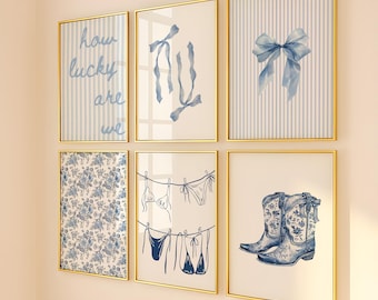 Blue Coastal Cowgirl Wall Art Set of 6 – Trendy Coquette Western Dorm Prints for Girls Room, Digital Download Gallery Set