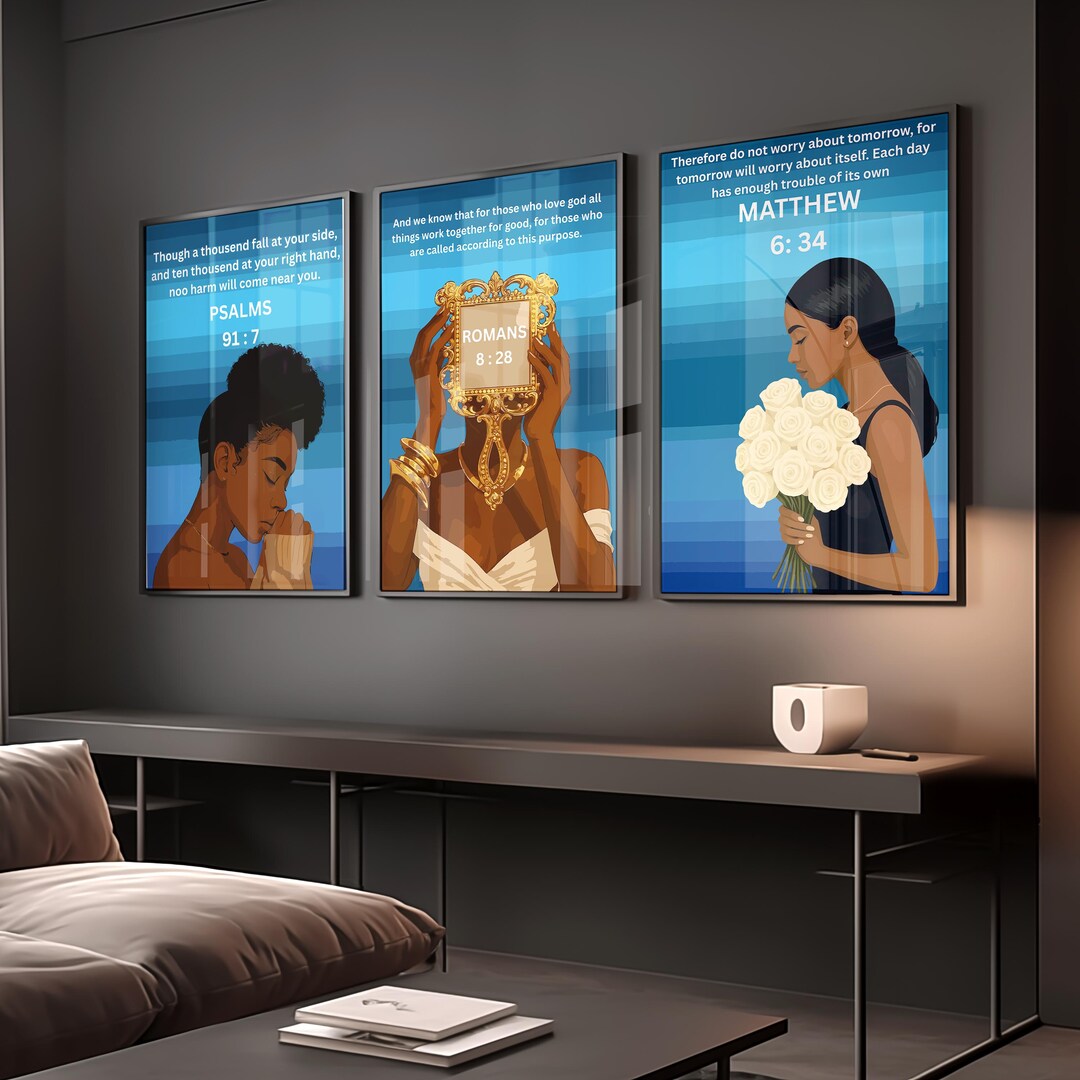 Set of 3 Black Christian Girl Wall Art, Scripture Print, Bible Verse ...