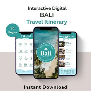 Può includere: Tre smartphone che mostrano un itinerario di viaggio digitale a Bali. Gli schermi mostrano un sommario, una scena di spiaggia con testo e prenotazioni di alloggi. Il testo include "Interactive Digital BALI Travel Itinerary" e "Instant Download."
