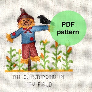 May include: Cross-stitch design showing a smiling scarecrow with a black crow on its arm, set in a cornfield. The scarecrow is dressed in a blue shirt, red trousers, and a brown hat. Text reads "I'M OUTSTANDING IN MY FIELD".