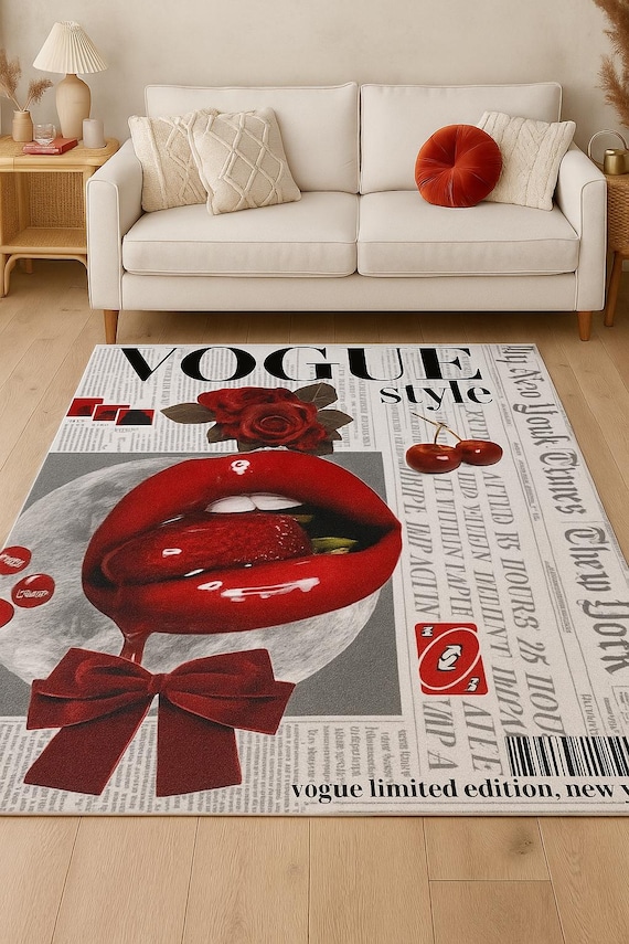 Aesthetic Vogue Themed Dark Red Rug for Home Accents (20" by 28" and 35" by 35")