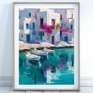 Greek Harbour Print-Coastal Aegean Poster, Greek Coastal Wall Decor, Greece Wall Art, Cyclades Wall Art, Greek Home Decor, Greece Print