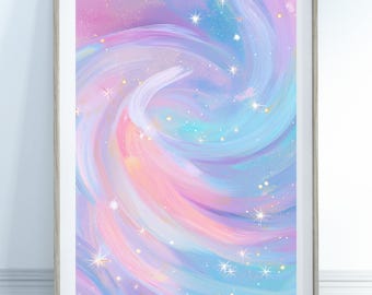 Pastel Galaxy Print – Preppy Wall Art in Pink and Blue, Nursery Space Decor with Stars, Dreamy Sky for Girl's or Boy's Room