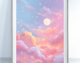 Stampa con luna e stelle pastello - Stampe rosa, decorazioni murali per cameretta delle bambine, decorazioni murali per camerette delle bambine, arte stravagante per camerette, arte per sale giochi, arte per bambine piccole