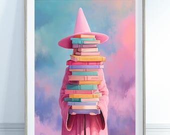 Book Stack Witch Art Print - Fall Bookish Gift, Pastel Pink Reading Book Wall Art, Spooky Cute Wall Art, Halloween Art Print, Cute Art Print