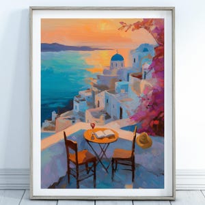 Greek Sunset Print-Coastal Wall Art, Sunset Wall Art, Cyclades Wall Art, Greek Home Decor, Mediterranean Art, Pink Bougainvillea Poster