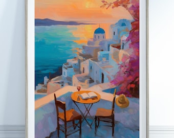 Greek Sunset Print-Coastal Wall Art, Sunset Wall Art, Cyclades Wall Art, Greek Home Decor, Mediterranean Art, Pink Bougainvillea Poster